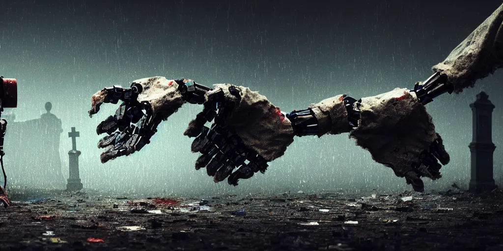 Image similar to a broken robot in dirty torn rags conjures magic, a hand comes out of the know, night, rain, moonlight, cemetery, highly detailed, digital art, octane render, rtx, 8 k