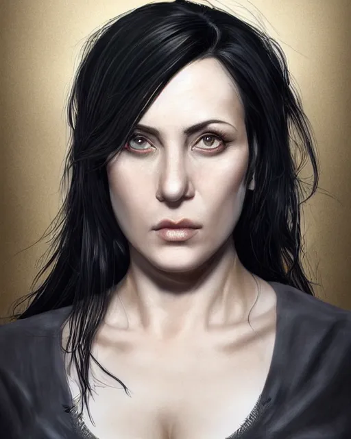 Image similar to portrait of a tall 4 0 - year - old woman with thin lips, long, lush unkempt black hair, and thick eyebrows, wearing in black clothes, hyper realistic face, beautiful eyes, character art, art by mark brooks, hyperdetailed, cryengine, trending on artstation, digital art