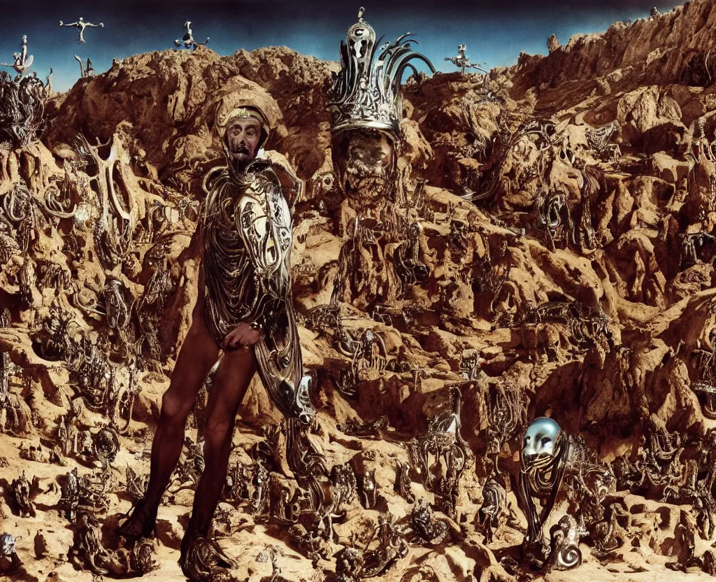 Image similar to salvador dali wearing a crown and costume with jewels in front of a huge crowd in a dry rocky desert landscape, alien construction by giger, film still from the movie by alejandro jodorowsky with cinematogrophy of christopher doyle and art direction by hans giger, anamorphic lens, kodakchrome, very detailed photo, 8 k