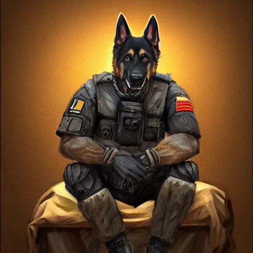 Image similar to a humanoid german shepherd beast - man in military style, sitting on the carpeted floor beside a bed, highly detailed portrait, digital painting, artstation, concept art, smooth, sharp foccus ilustration, artstation