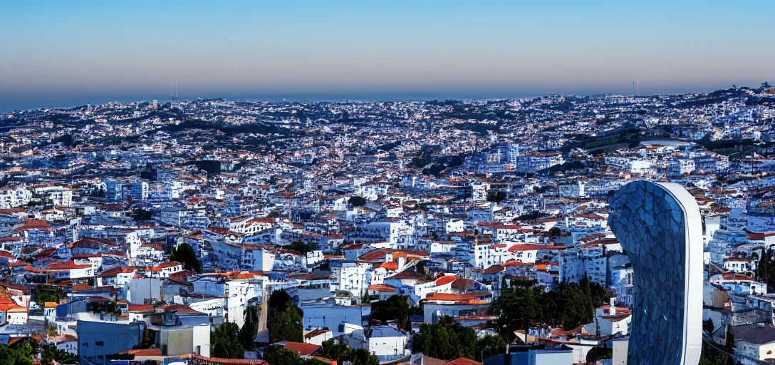 Prompt: landscape photo of almada, portugal, futuristic, far future, big towers, skyscrapers, photorealistic