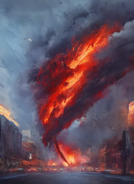 Image similar to cinematic shot, concept art of a large fire tornado in a city, oil painting by jama jurabaev, extremely detailed, brush hard, artstation, for aaa game, high quality, brush stroke