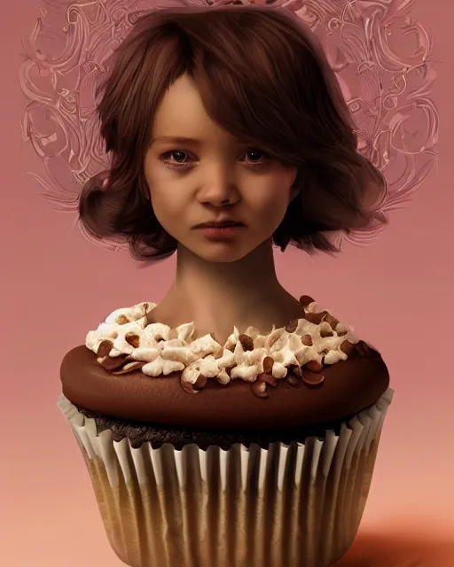 Image similar to a girl as personification pf chocolate cupcake, fantasy bakery, digital art by krenz kushart, wlop, laurie greasly, intricate details, global illumination, smooth, epic composition