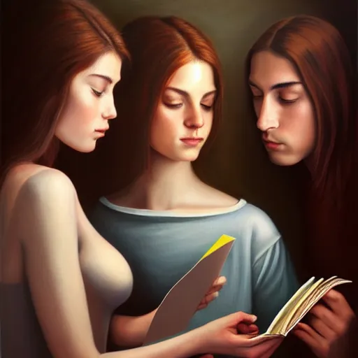 Image similar to hyperrealistic painting of a beautiful young woman holding a book while a woman and three men peep into the book from behind, detailed digital art, trending on artstation