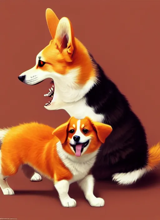 Image similar to an orange corgi playing with a tuxedo cat, ultra definition, photoreal, artstation, unreal engine rendered, concept art, smooth, sharp focus, illustration, art by artgerm and greg rutkowski and alphonse mucha and garis edelweiss