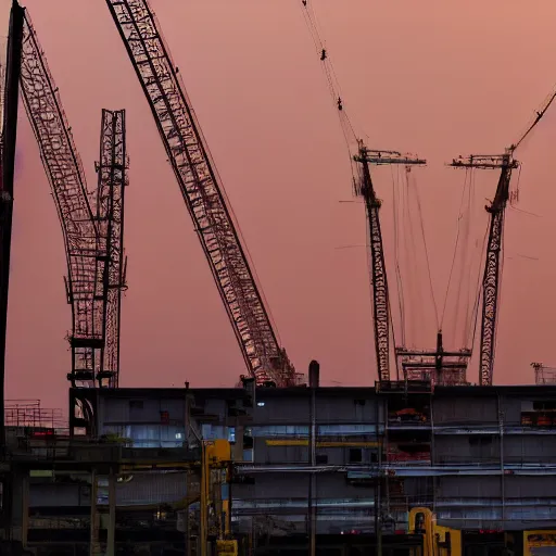 Image similar to The beauty of the sunset was obscured by the industrial cranes.