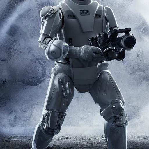 Prompt: movie photograph of an old man who is a veteran of many futuristic wars with short gray hair and blue eyes. he is wearing a light gray futuristic suit of heavy combat armor and holding a blaster in one hand and a plaster plasma - proof shield in the other. riding a white armored motorcycle charging into enemy lines while firing plasma bolts. futuristic battle.