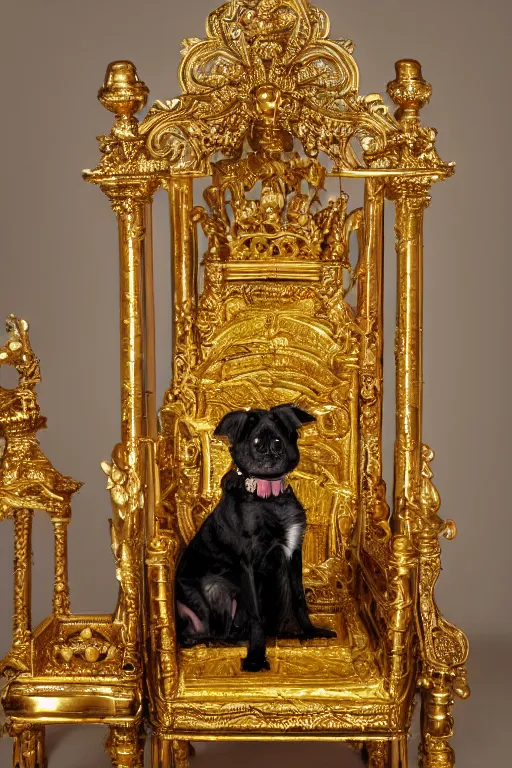 Image similar to a dog sitting on a gold throne with a crown on its head, photography