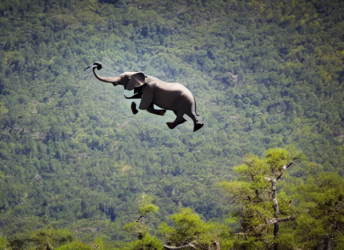 Prompt: dslr photo still of an elephant leaping off a mountain flying through the air, 4 k, 1 2 0 mm f 1 6