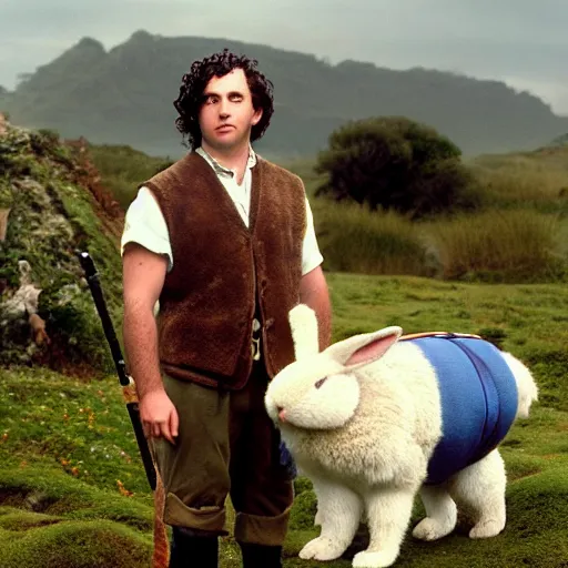 Image similar to surly clean shaven pudgy British lad with short curly dark brown hair as a hobbit wearing a white men's crossbody sling chest bag and blue vest standing next to a giant rabbit, blue vest! white crossbody chestbag! high resolution film still, movie by Peter Jackson