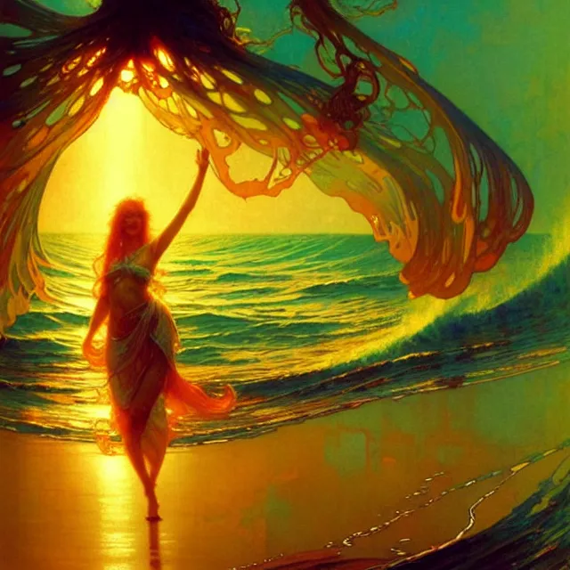 Prompt: ocean waves of glossy liquid honey drops flowing like psychedelic translucent amber, lsd waves, lsd ripples, backlit, sunset, refracted lighting, art by collier, albert aublet, krenz cushart, artem demura, alphonse mucha