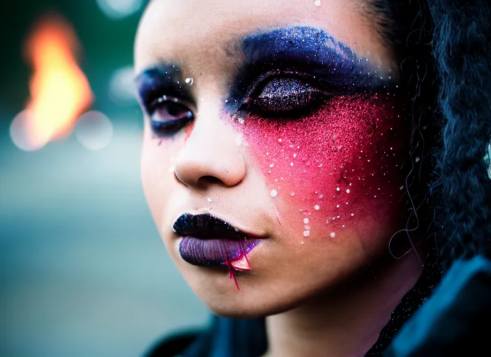 Image similar to Cinestill 50d photograph of a techwear mixed woman wearing thick mascara and dark glitter makeup crying outside of a city on fire, tattoos, tilted frame, 4k, 8k, hd, full color, bokeh