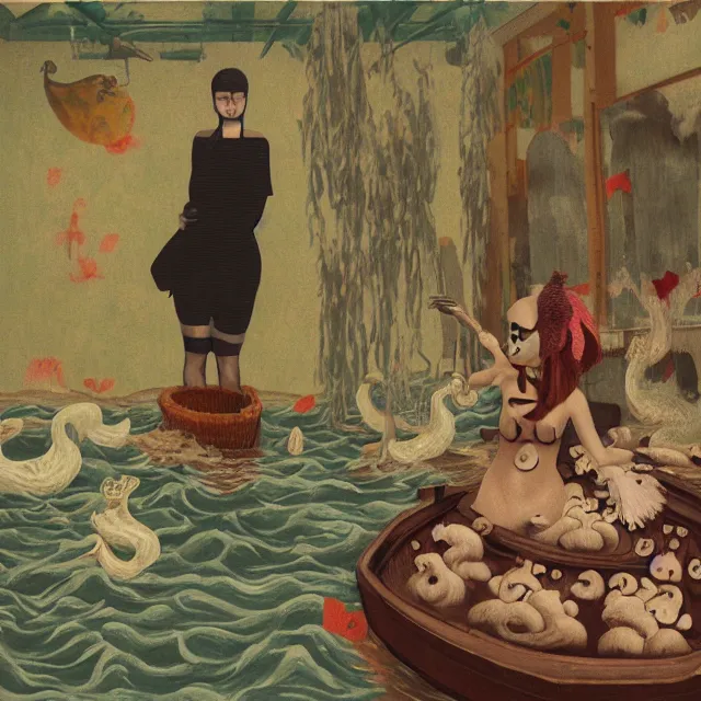 Image similar to tall female catgirl artist wearing a pig mask in her flooded apartment, mushrooms, octopus, water gushing from ceiling, painting of flood waters inside an artist's apartment, a river flooding indoors, pomegranates, ikebana, zen, rapids, waterfall, black swans, canoe, berries, acrylic on canvas, surrealist, by magritte and monet