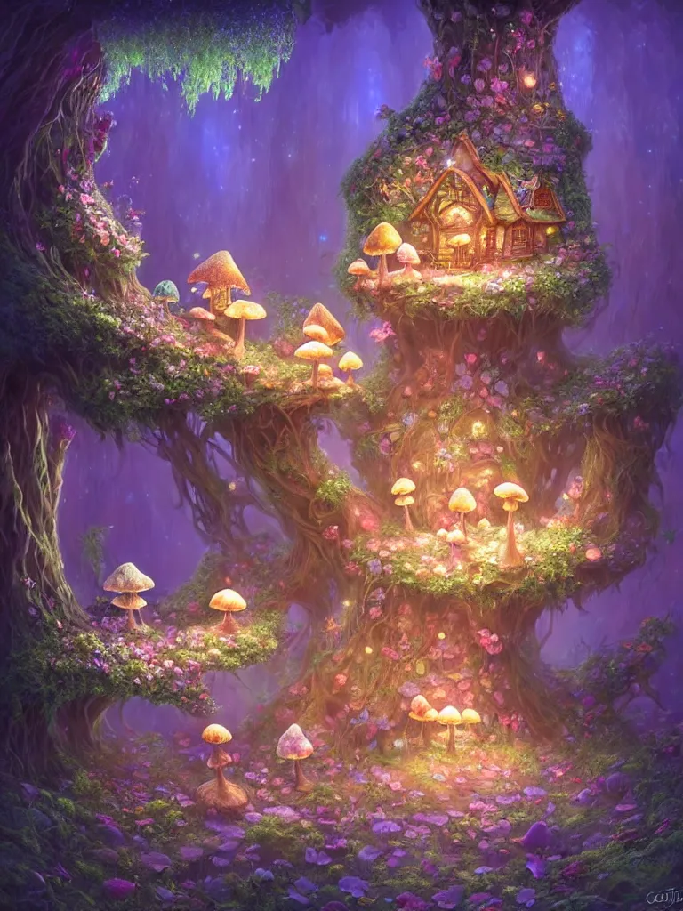 Prompt: the interior of a celestial dainty fairy cottage in a bioluminescent tree trunk decorated beautifully, lots of cute fairy design elements like toadstool mushrooms, warm sunlight shining in, lots of plants and flowers, concept art 8 k resolution, fantasy illustration, sharp focus, detailed painting, intricate, and deep color, by gediminas pranckevicius