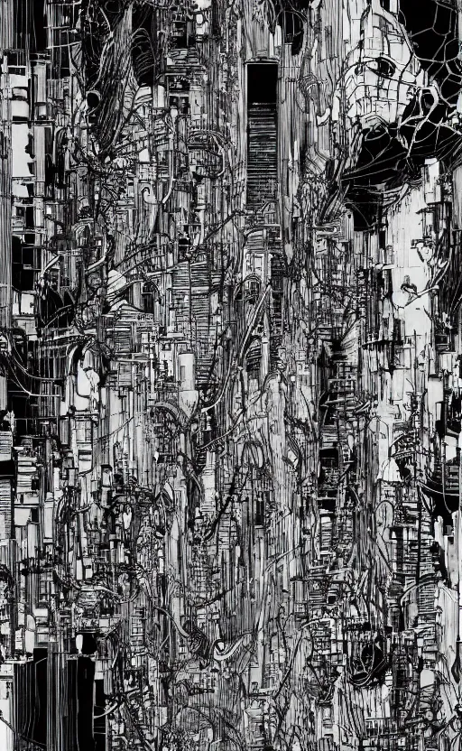 Image similar to minimalist city scene by tsutomu nihei, inked, minute details, desolation, hyper realistic, cosmic horror, biomechanical, beautiful