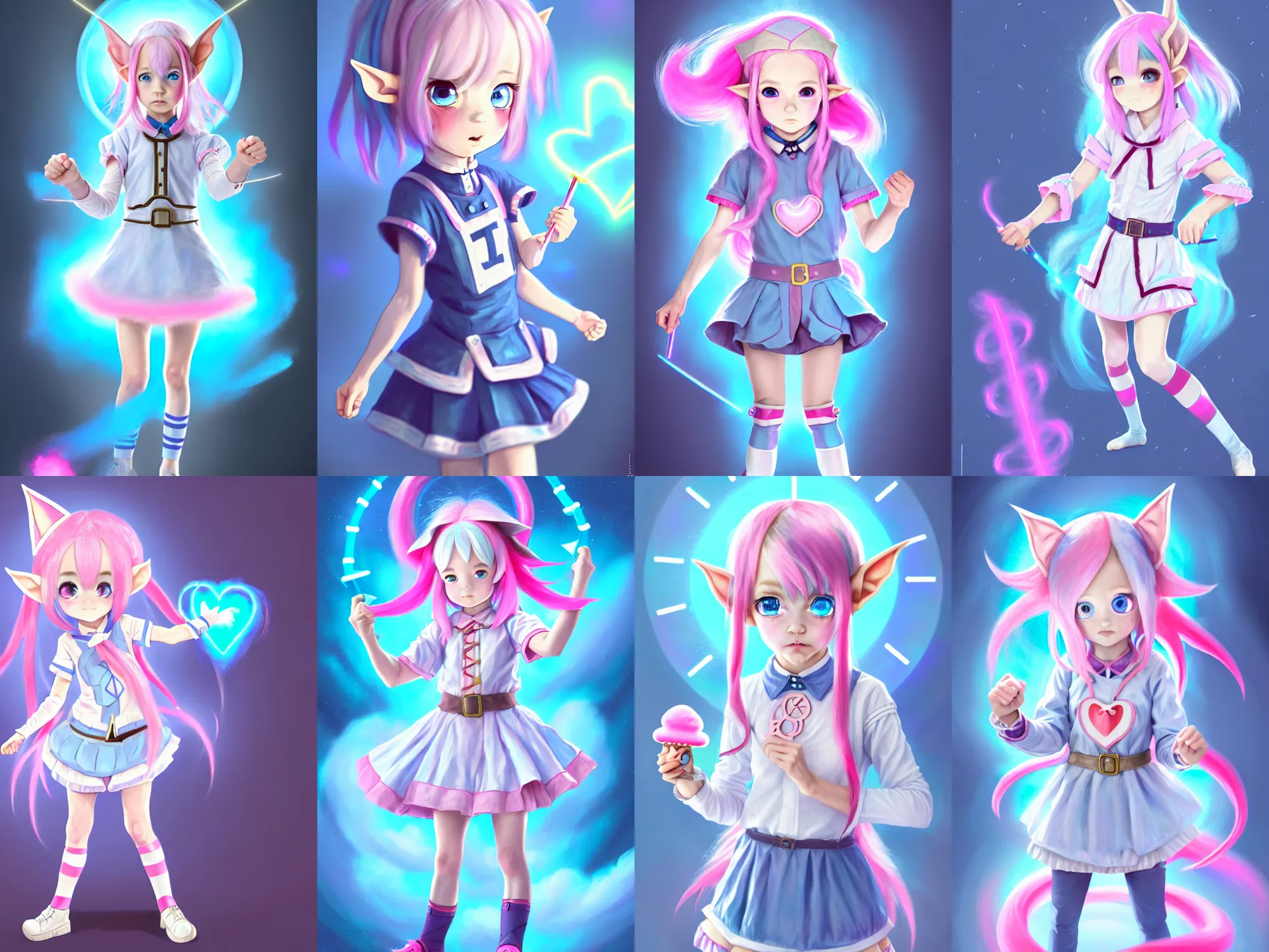 Prompt: Time traveler, small loli girl, with small pointy elf ears, detailed face, light-blue eyes, cotton candy-like pink hair with low heart-shaped drills, wearing time traveler outfit clock-style, in a fighting stance, digital painting, artstation, concept art, soft light, hdri, smooth, sharp focus, illustration, Mihoyo, art by tian zi and craig mullins and WLOP and alphonse mucha