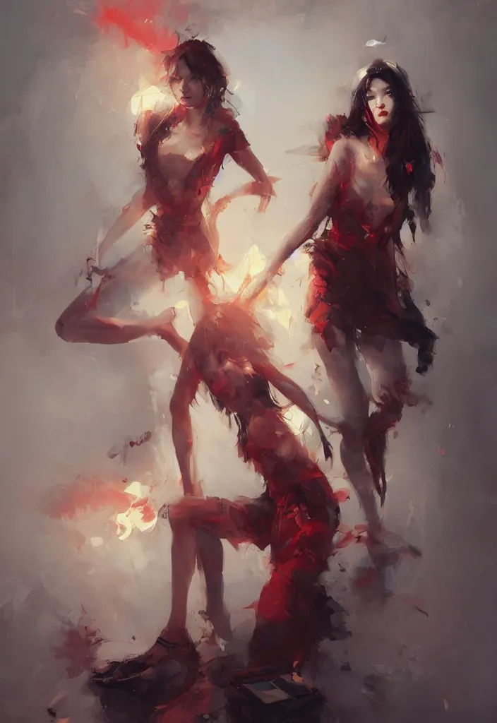 Image similar to full body portrait of a duo of 1 9 years old girl figures, messy hair, oriental tattoos, subjects wearing savile row menswear, beautiful, dramatic, cinematic lighting, few fire red highlights, visible brushstrokes, by ross tran and jeremy mann and guweiz, oil on canvas, artstation, pixiv