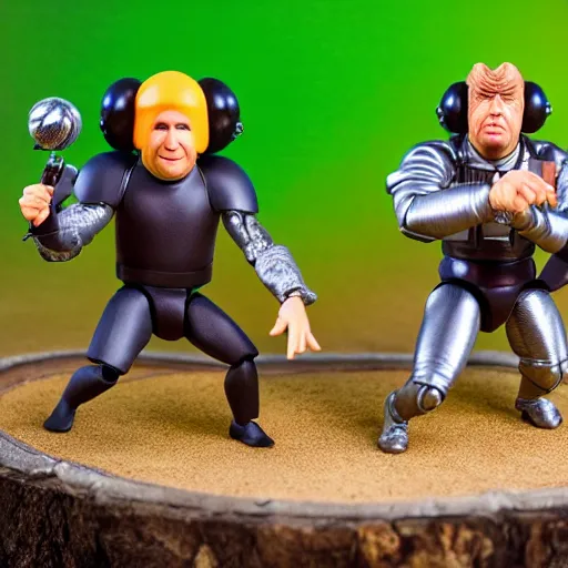 Image similar to a detailed photo of the characters from spaceballs as action figures, macro photography, zoom, table