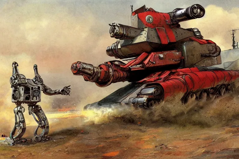 Prompt: 1 9 5 0's retro future robot android battle tank, dramatic moment, muted colors by jean baptiste monge, chrome red,