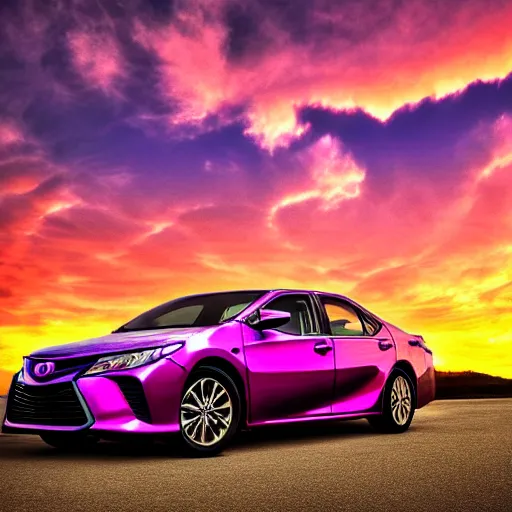 Prompt: purple tornado, blue toyota camry driving away, sunset, 4k, realism, photograph