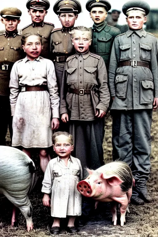 Image similar to children of a stalin and a pig historical photo in color