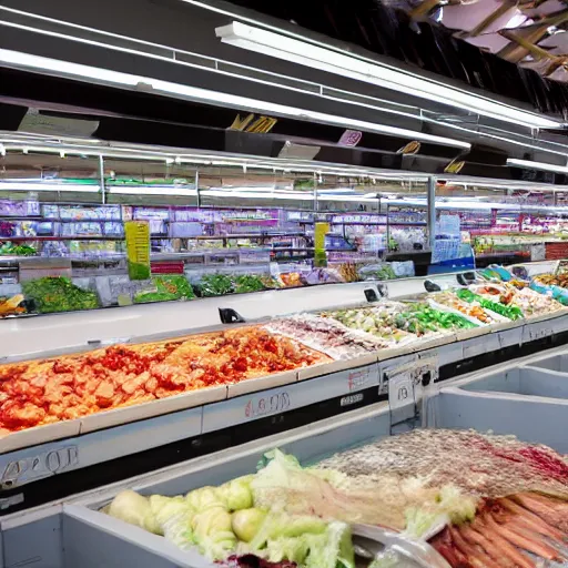 Image similar to supermarket check out conveyor belt covered in dead marine life, hyper realistic, soft focus