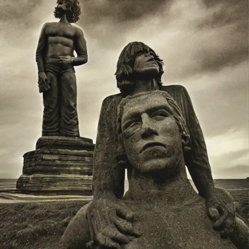 Image similar to composition of roger waters, syd barret and david gilmore visiting the eastern island statues, realistic, hdr, hdd, 8 k,