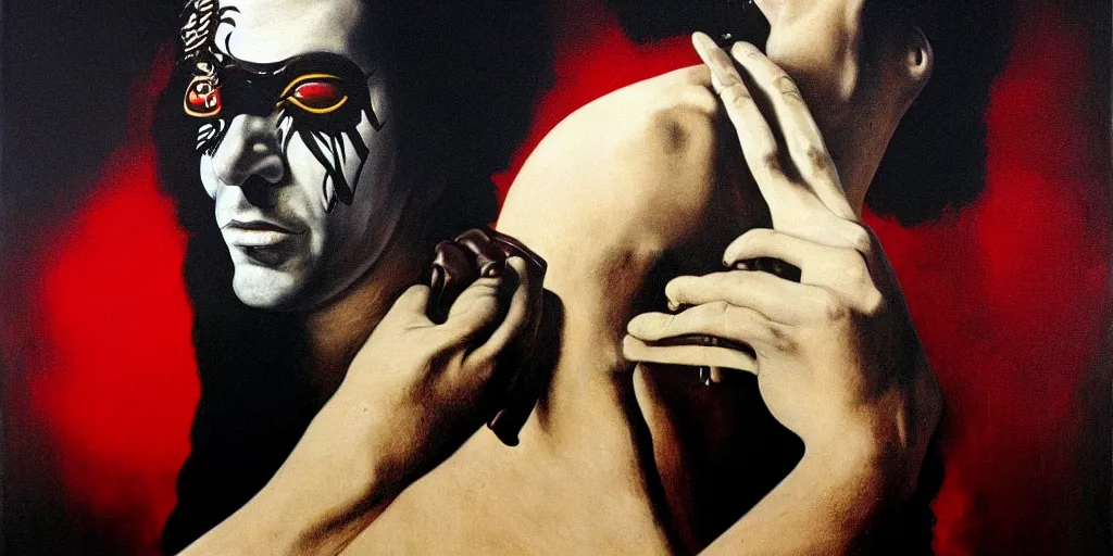 Image similar to ney matogrosso with malice, chiaroscuro, leather, lace, painting by gottfried helnwein, by salivdor dali