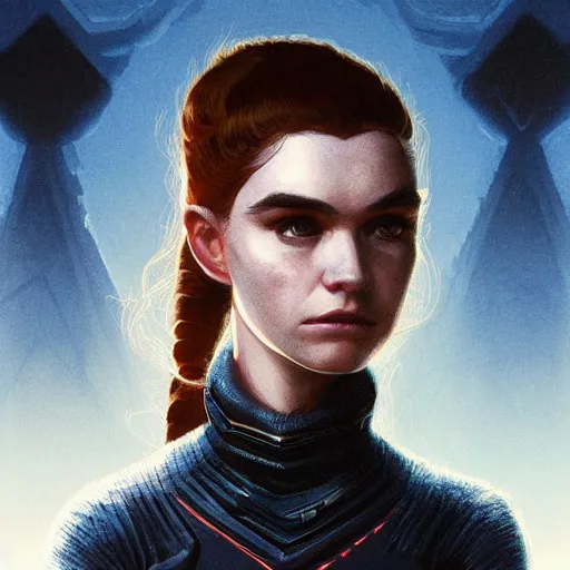 Image similar to Portrait of Grimes (Claire Boucher) in Dune 1984, illustrated by Greg Rutkowski, trending on artstation, artstationHQ, artstationHD, 4k, 8k