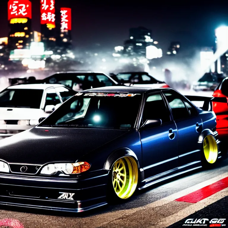 Image similar to a car JZX90 twin turbo drift at illegal car meet, Shibuya prefecture, city midnight mist lights, cinematic lighting, photorealistic, highly detailed wheels, high detail