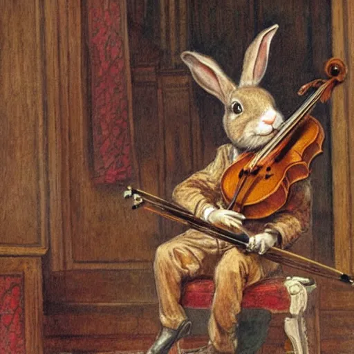 Prompt: a rabbit playing violin inside a church, in the style of carl larsson