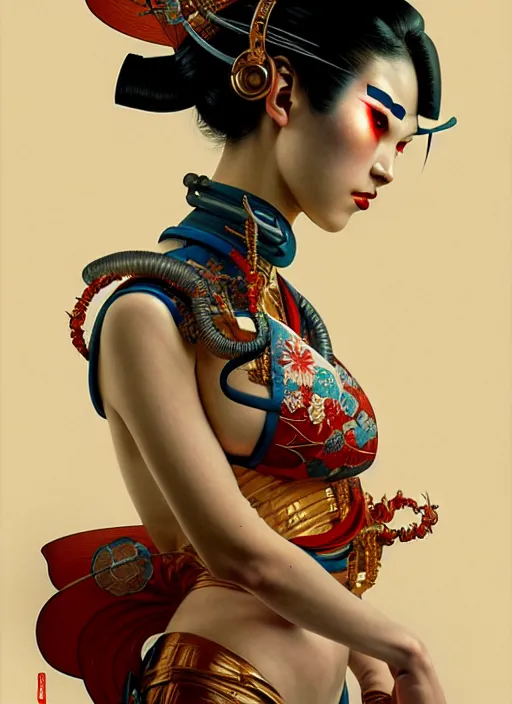 Image similar to cyborg geisha, diffuse lighting, fantasy, intricate, elegant, highly detailed, lifelike, photorealistic, digital painting, artstation, illustration, concept art, smooth, sharp focus, art by John Collier and Albert Aublet and Krenz Cushart and Artem Demura and Alphonse Mucha