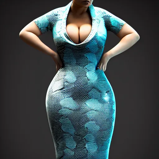 Image similar to curvy feminine hot goth woman with elegant cyan-white snakeskin leather dress, desert camo pattern, cgsociety, photorealistic, sublime ambience, idealistic, 16k, smooth, sharp focus, trending on ArtStation, volumetric lighting, fully clothed, worksafe