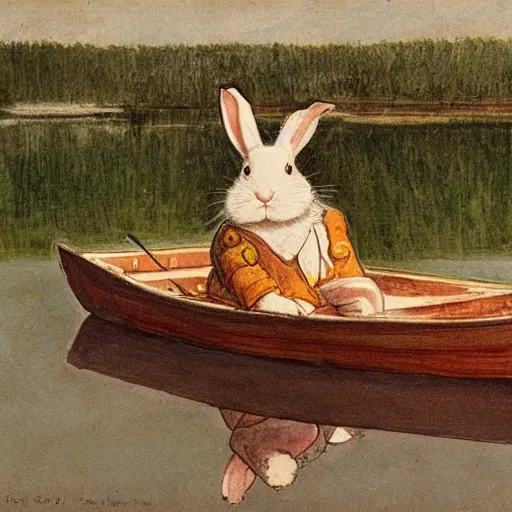 Prompt: a rabbit sitting in a rowboat on a calm river, in the style of carl larsson