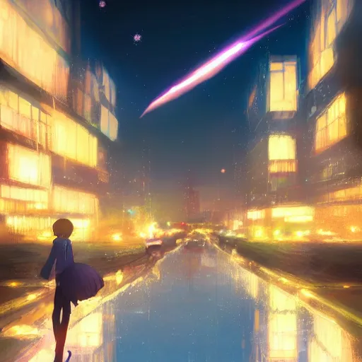 Prompt: Dreamy world at night, shooting stars, cityscape, pixiv scenery art, light refraction by makoto shinkai