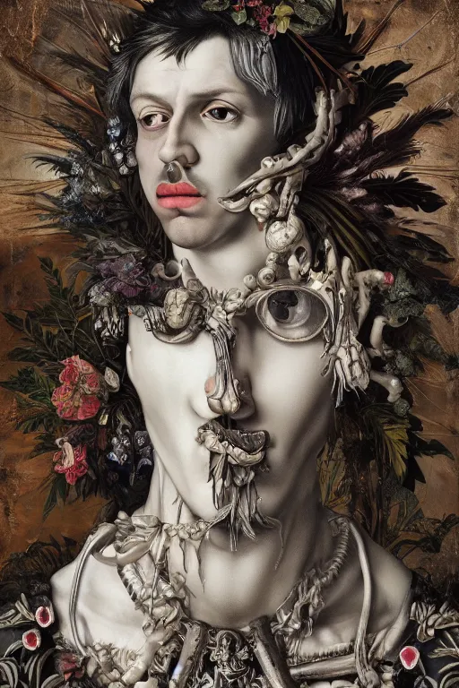 Image similar to Detailed maximalist portrait a greek god with large lips and with large white eyes, exasperated expression, botany bones, HD mixed media, 3D collage, highly detailed and intricate, surreal illustration in the style of Caravaggio, dark art, baroque