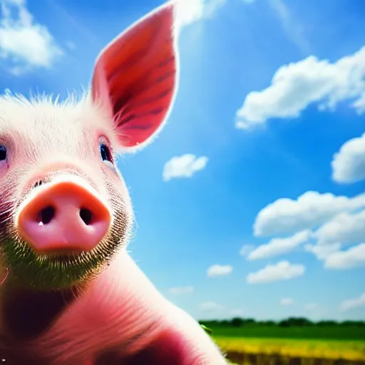 Prompt: photograph of baby pig with big ears as wings flying over romanian village, a blue sky, bokeh, dramatic lighting, professional photography