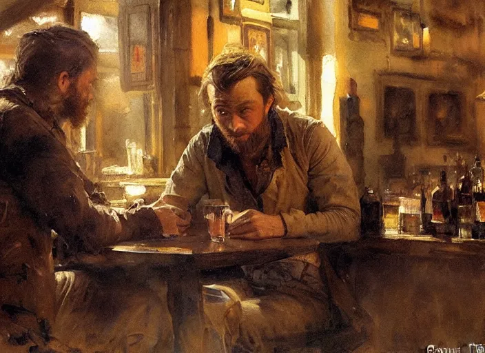 Prompt: oil watercolor painting of young rugged guy in western bar, stubble, long hair, mysterious light, art by anders zorn, wonderful masterpiece by greg rutkowski, beautiful cinematic light, american romanticism by greg manchess, creation by tyler edlin