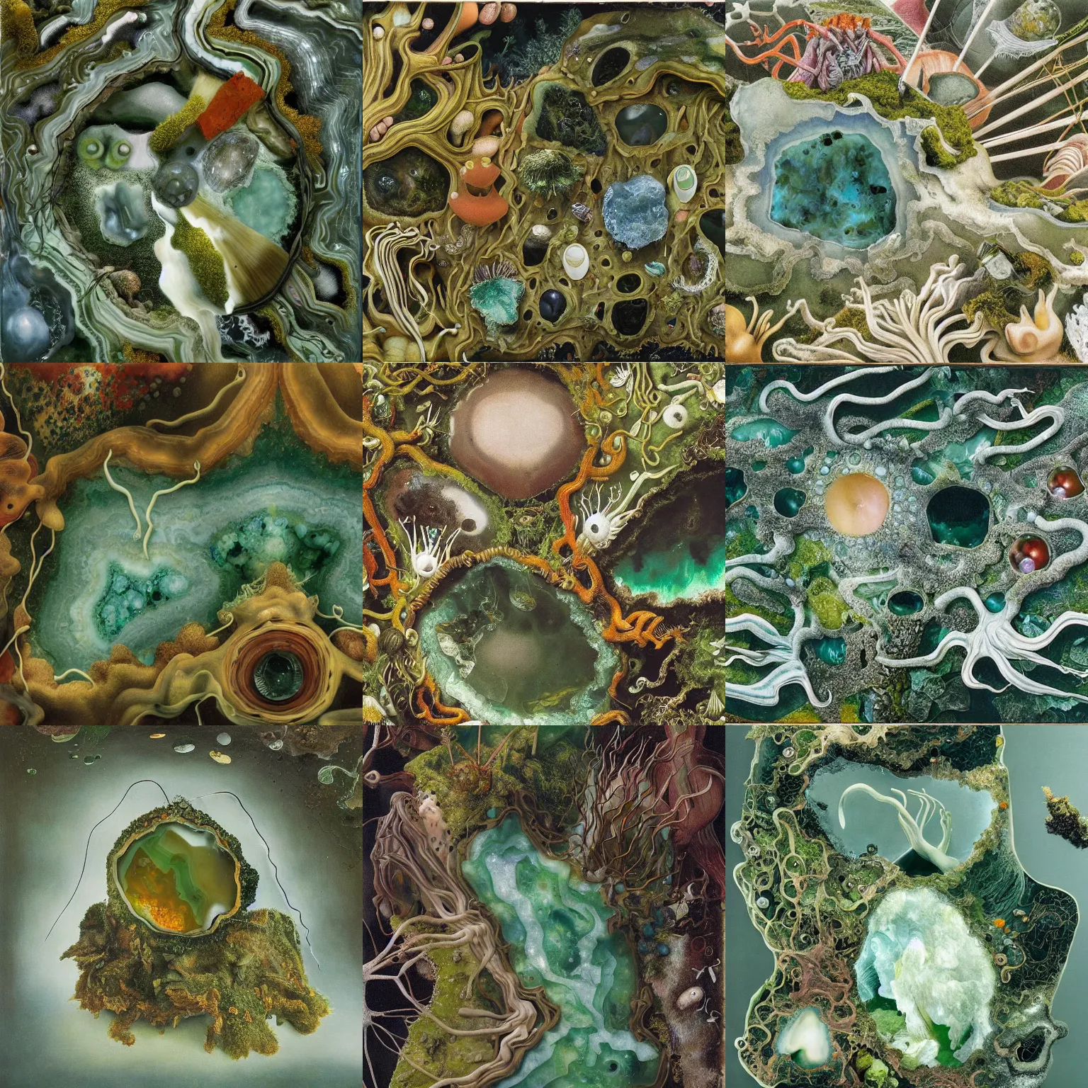 Prompt: close up of moss agate with various biological ecosystem growing inside, insanely detailed, surrealist, hyper realistic, salvador dali, yves tanguy, paul delvaux, max ernst, rene magritte, meret elisabeth oppenheim, leonora carrington, remedios varo uranga, 8 k