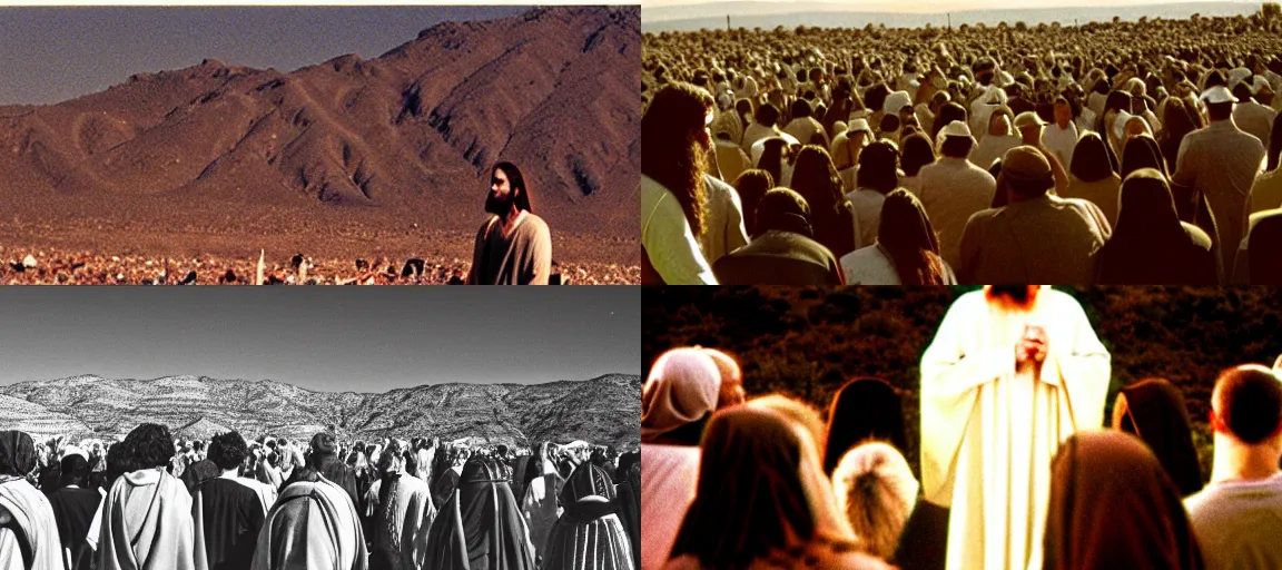 Prompt: Jesus speaking to the crowds in the desert. 35mm.