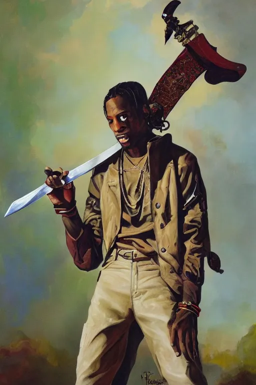 Prompt: travis scott holding a sword, painting