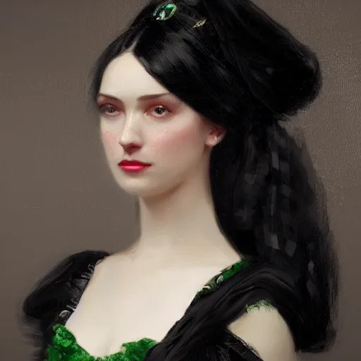 Image similar to a beautiful young woman, pale skin, black long hair, aristocrat, black expensive dress from 1 8 6 0 with green details, oil painting, digital art, studio photo, realistic, artstation, high quality, wild west