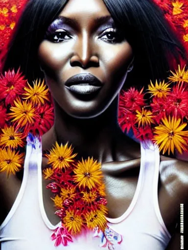 Image similar to portrait of naomi campbell with a floral background : : painted by artgerm, karol bak, artur bordalo, sandra chevrier : : portrait, character, illustration, hyperrealism, photorealism