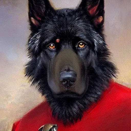 Image similar to a portrait of a black german shepard dogman canine star trek captain red shirt. highly detailed painting by gaston bussiere craig mullins jc