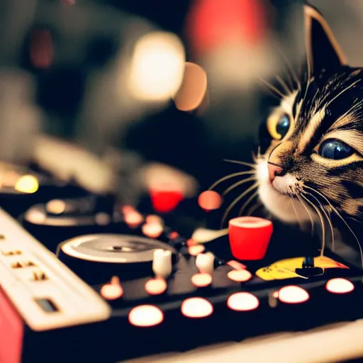 Prompt: a photo of a kitten DJing at a disco, cat, music, DJ, vinyl, headphones, dance