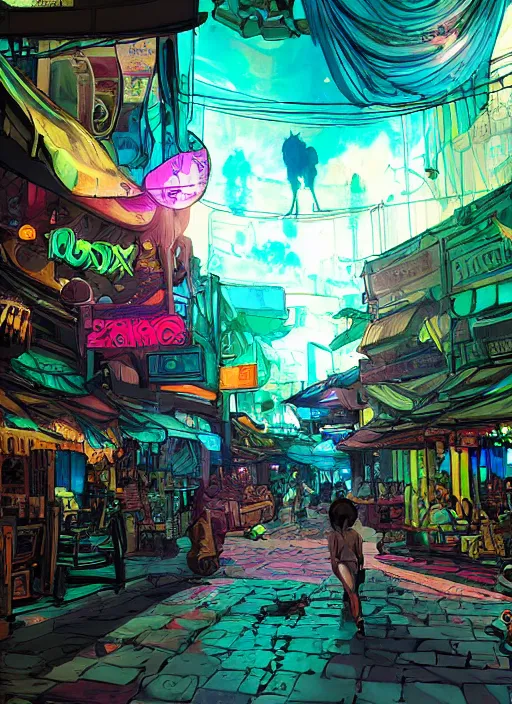 Image similar to bazaar zouk oriantal full color sky shine place mosquet painting digital illustration hdr stylized digital illustration video game icon global illumination ray tracing advanced technology that looks like it is from borderlands and by feng zhu and loish and laurie greasley, victo ngai, andreas rocha, john harris