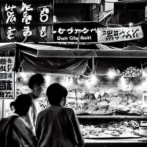 Prompt: candid street photography of a night market food stall by hisaji hara