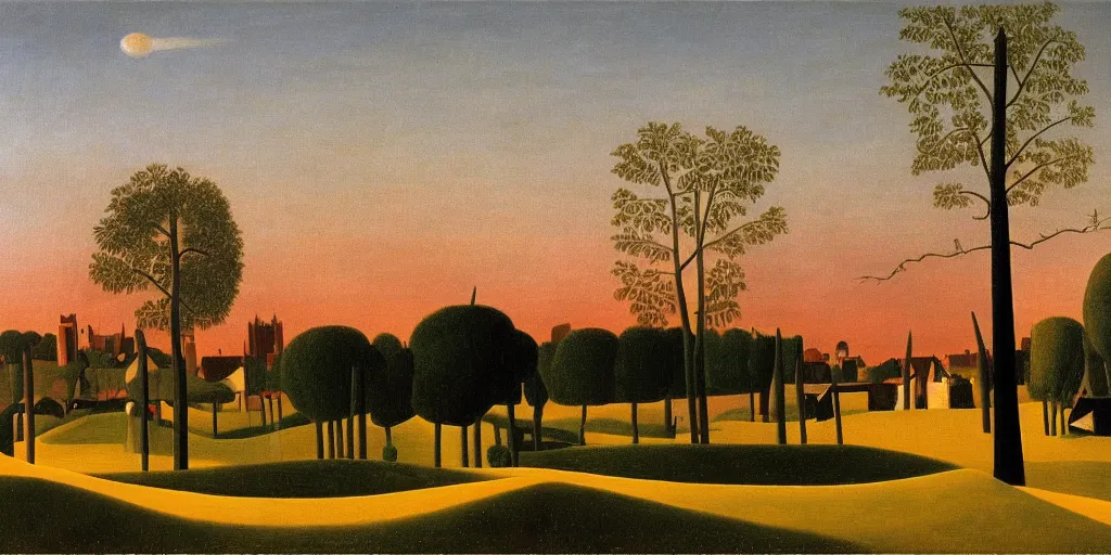 Image similar to a beautiful painting of Columbus Ohio by Henri Rousseau, golden hour, 8k, 4k