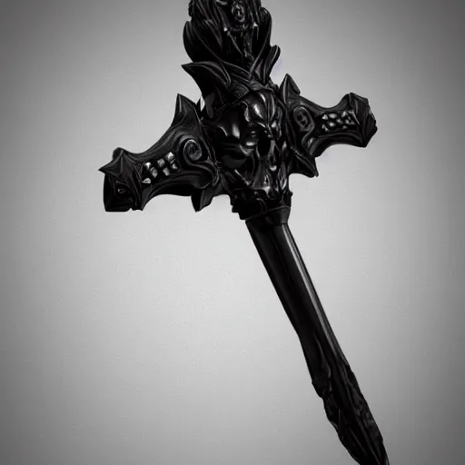 Image similar to a black sword skull handle, ornament, weapon, a 3 d render by dom qwek, studio lighting, front side view, trending on polycount, hard surface modeling, rendered in maya, 3 ds max, blender, artstation hd, vray