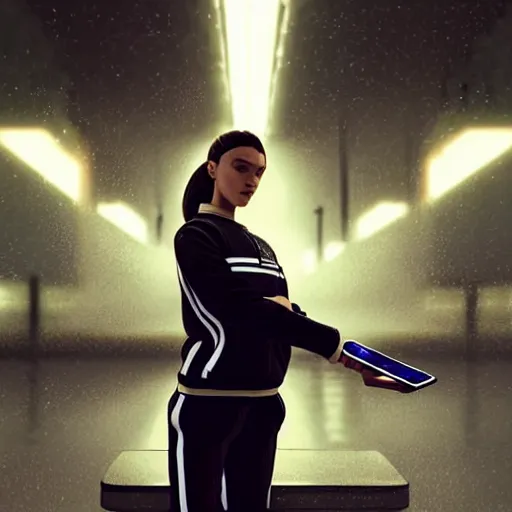 Image similar to portrait of attractive slav heroine wearing an addidas tracksuit with a phone in hand. illuminated phone screen, slav building in backround, by greg rutkowski and wlop, detailed, cinematic, 8 k, intricate, rule of thirds.